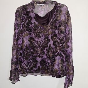 Ice Purple and Brown Women's Blouse Silk Sheer With Brown Tank Under Shirt